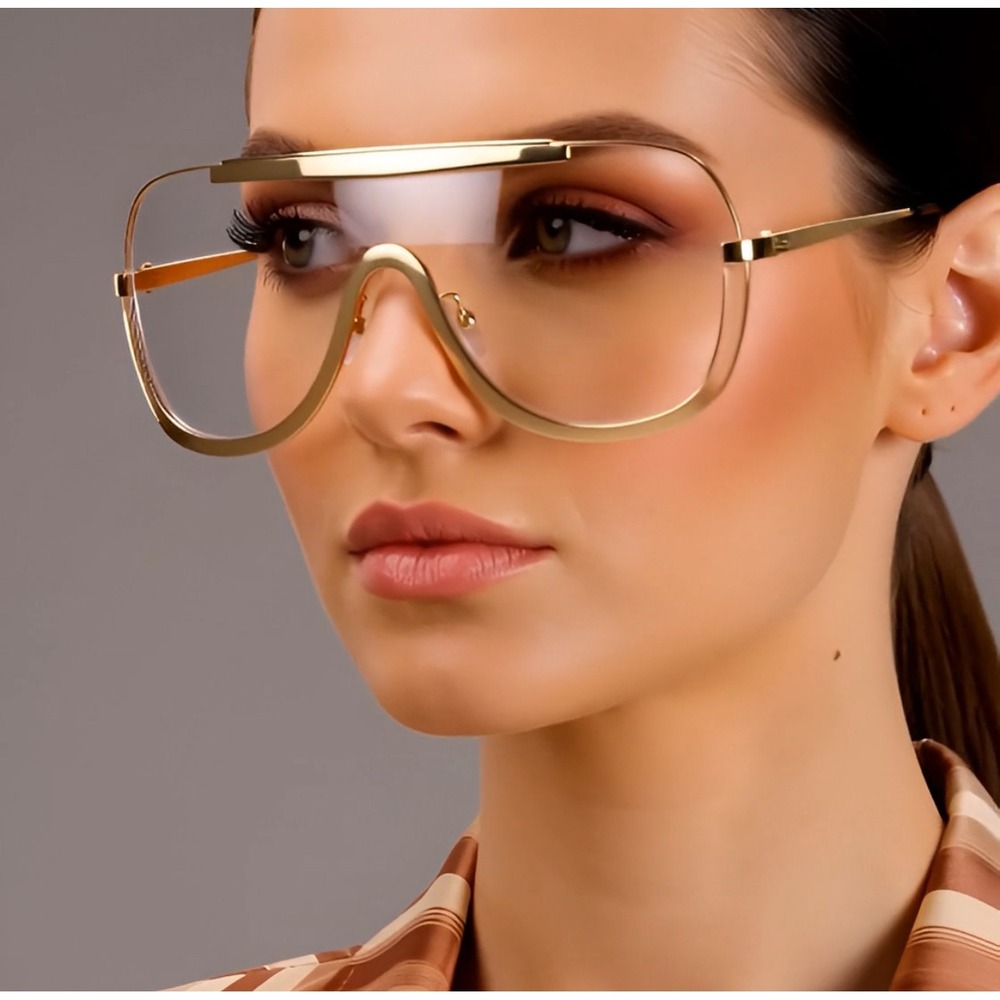 Oversized Shield Sunglasses Gold Frame‎ Clear Lens Fashion Statement Eyewear New